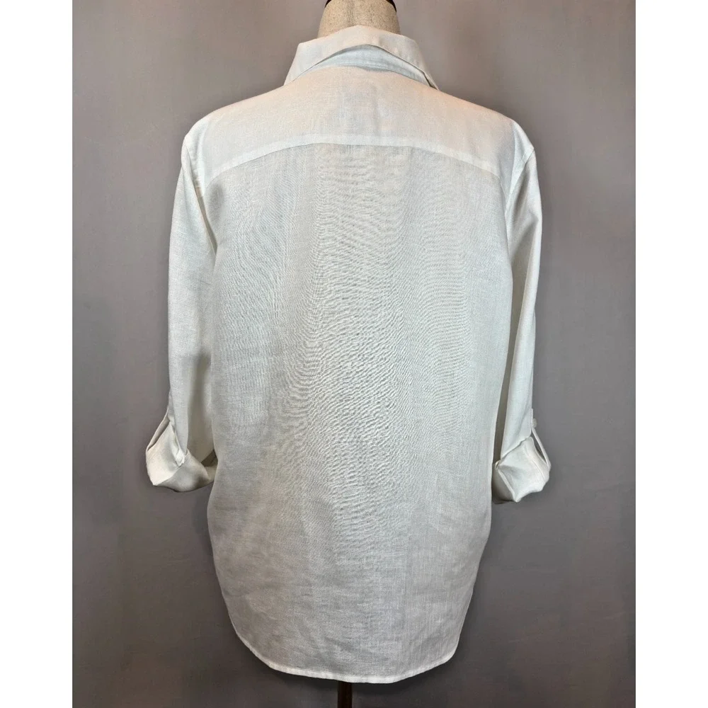 CHICOS Size 3 No Iron 100% Linen Button Up Blouse White Roll Tab Sleeve Shirt XL - Picture 4 of 9
